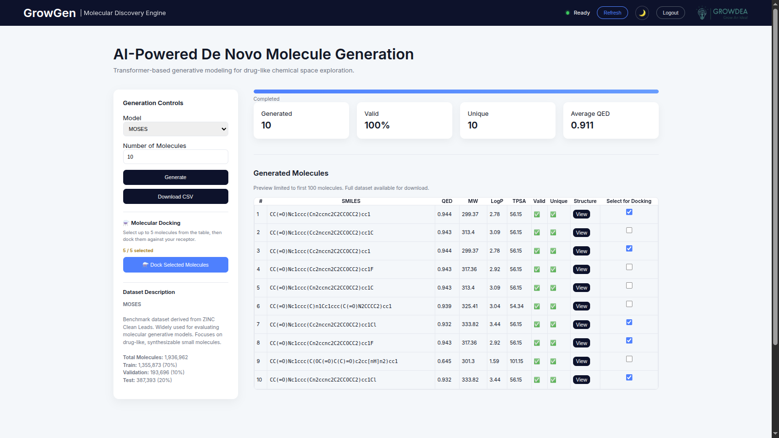 GrowGen AI-powered de novo molecule generation interface